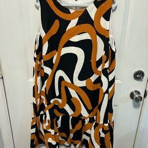 Bold Abstract Midi Dress in Black, White, and Orange
